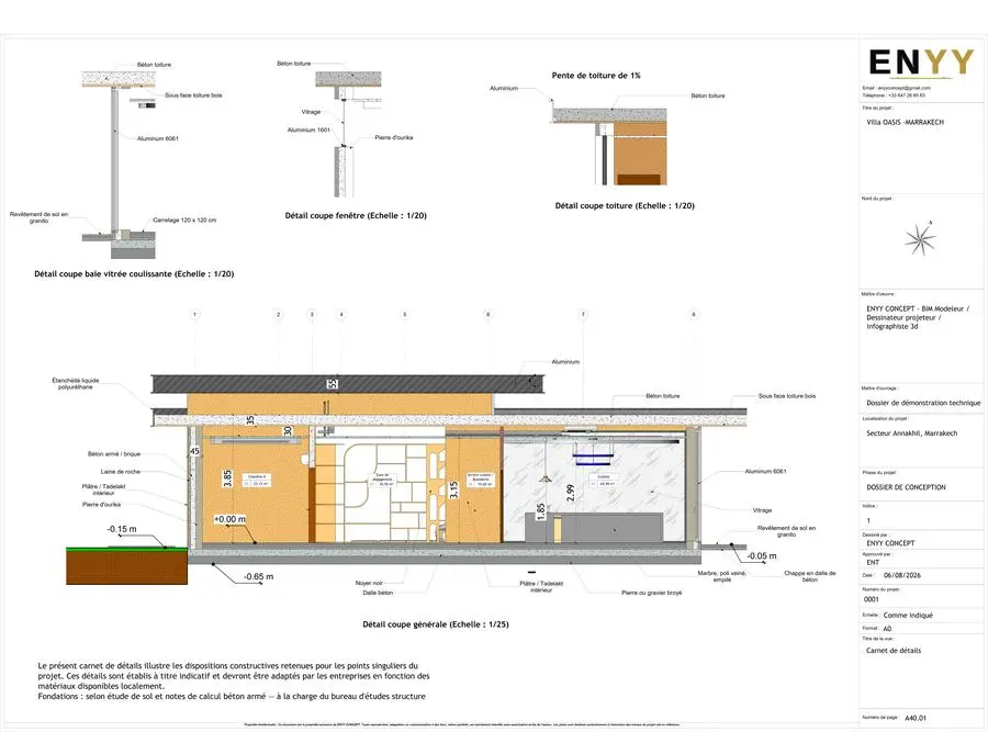 Villa OASIS — carnet de détails constructifs : coupe toiture, baie vitrée, coupe générale