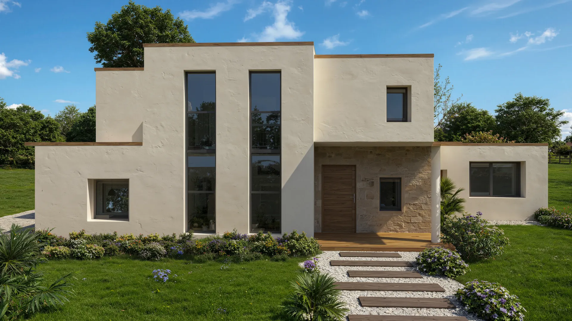 Projet N°03 — modèle de villa contemporaine, toiture plate et parement pierre