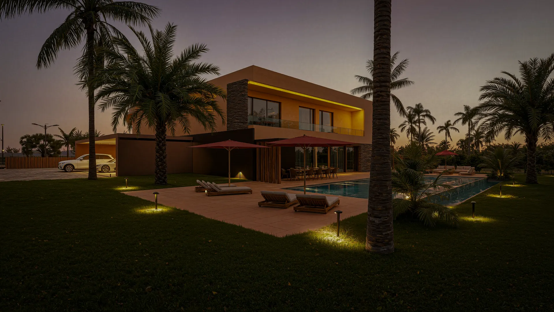 Projet N°07 — villa du lotissement au crépuscule, piscine et jardin, Marrakech
