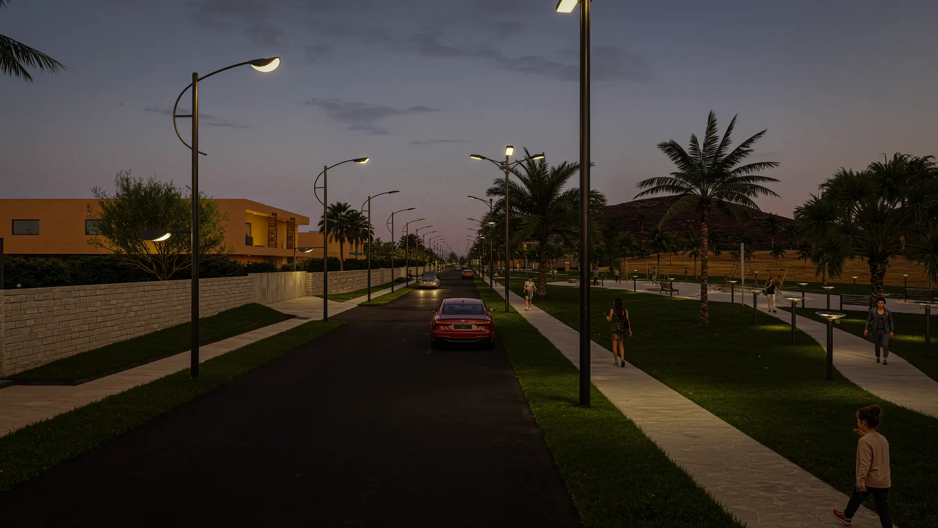 Projet N°07 — rue du lotissement au crépuscule, Marrakech