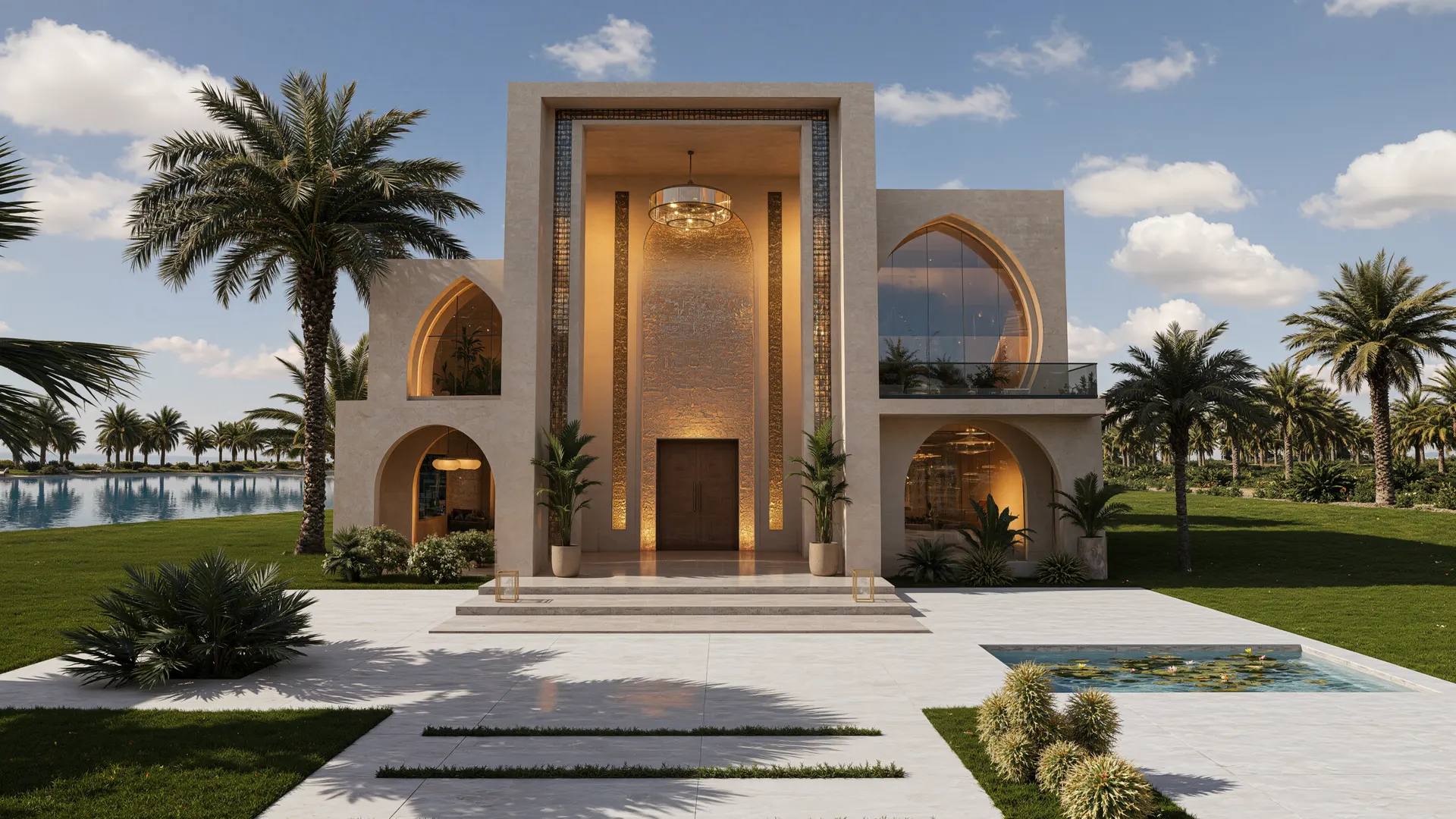 Projet N°08 — façade avant de nuit, villa de style beldi marocain, Marrakech