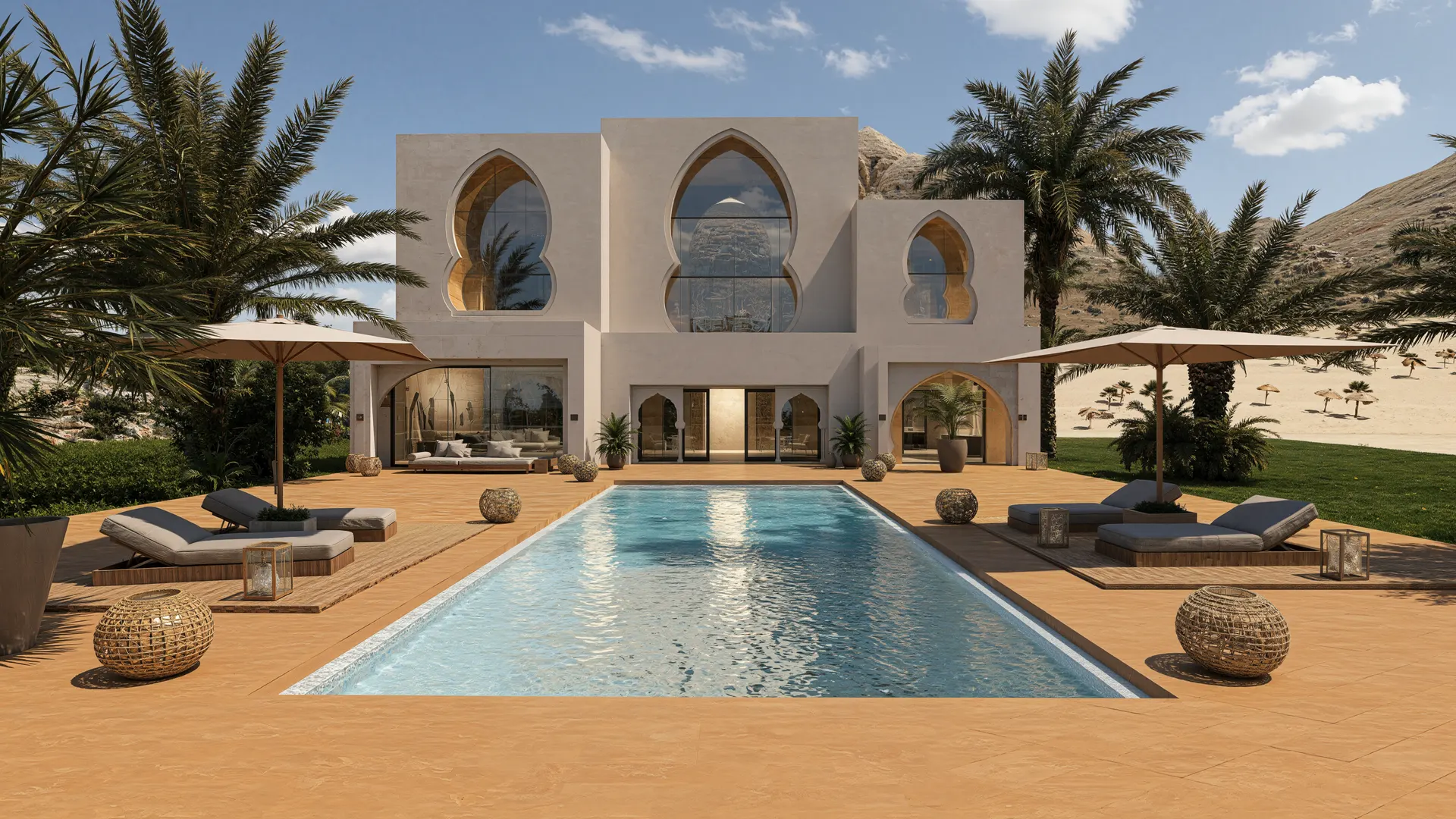 Projet N°08 — façade arrière et piscine, Marrakech