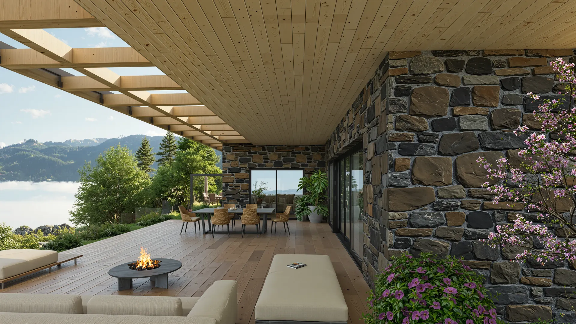 Projet N°11 — terrasse couverte, détail pierre et bois, Suisse