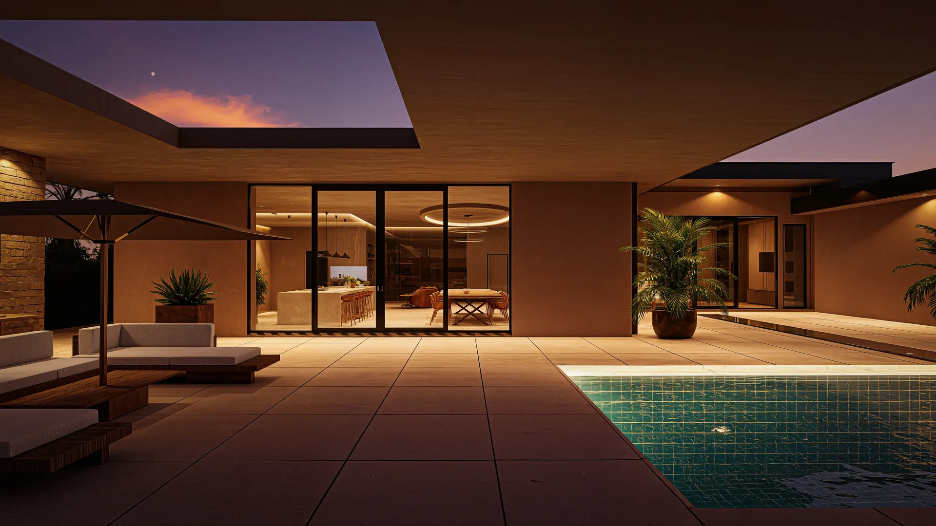 Villa OASIS — terrasse et piscine au crépuscule