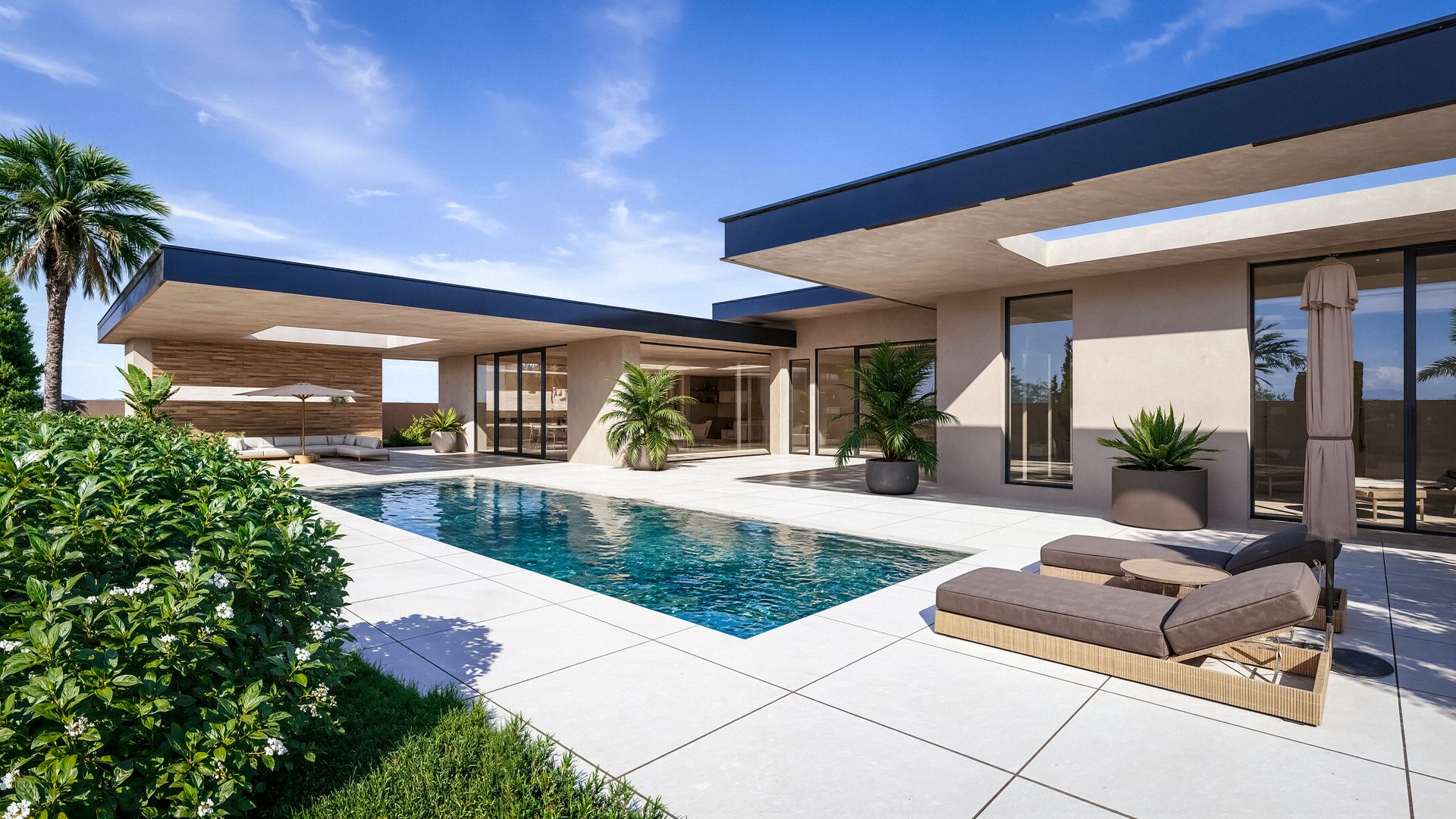 Villa OASIS — piscine, terrasse et façade principale, quartier Annakhil, Marrakech