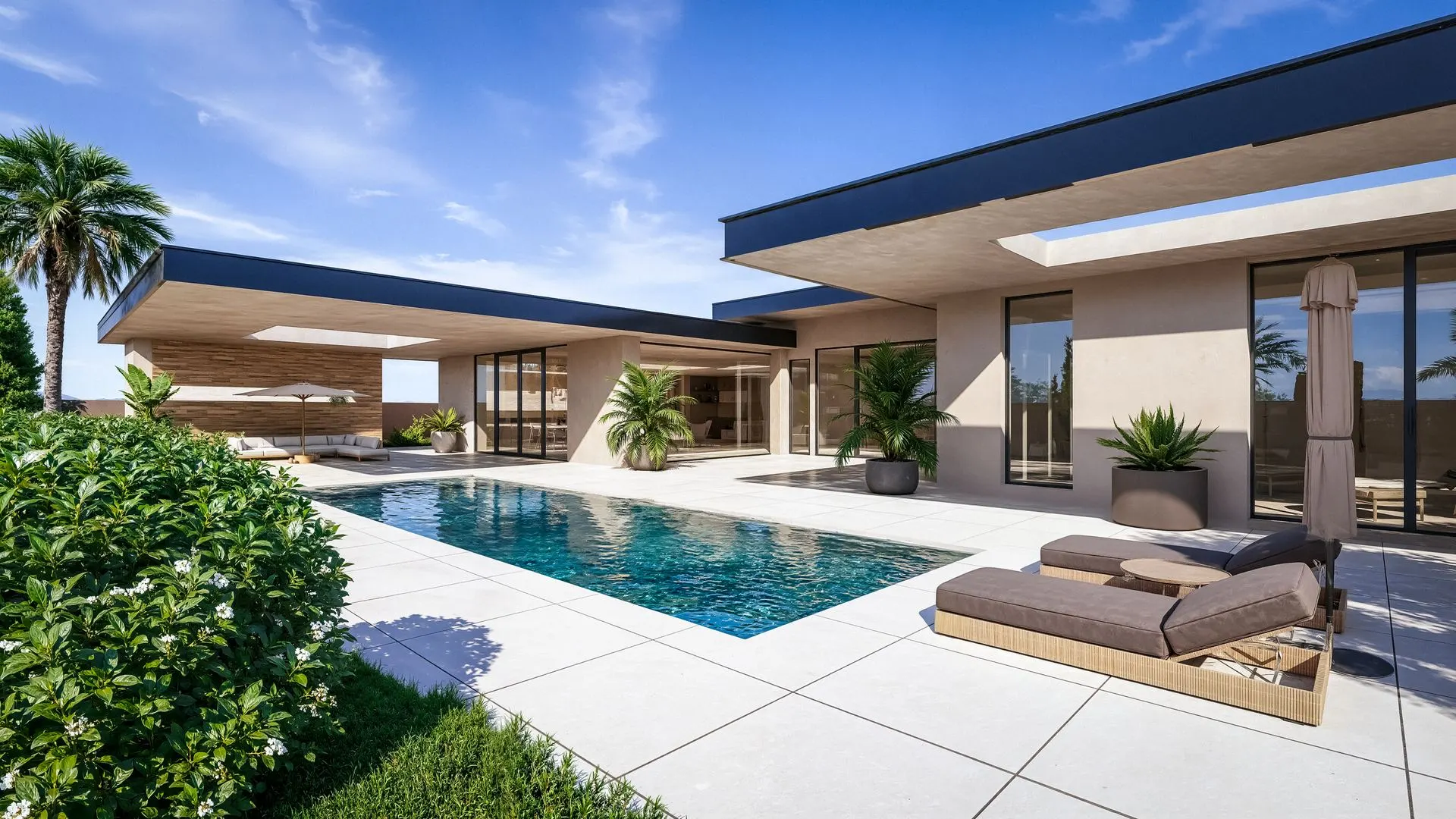 Villa OASIS — piscine, terrasse et façade principale, quartier Annakhil, Marrakech